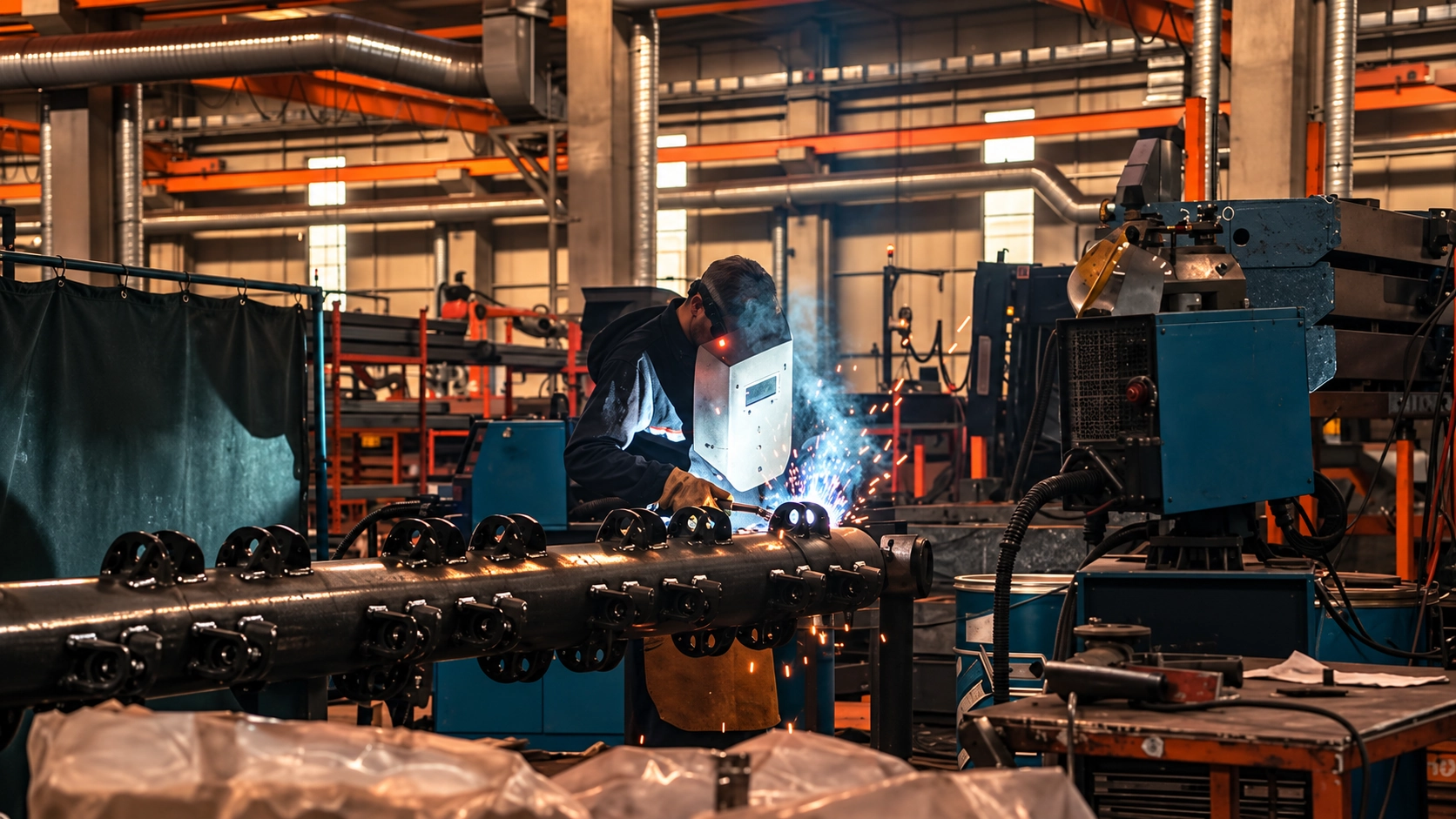 Welding and equipment fabrication in an industrial workshop