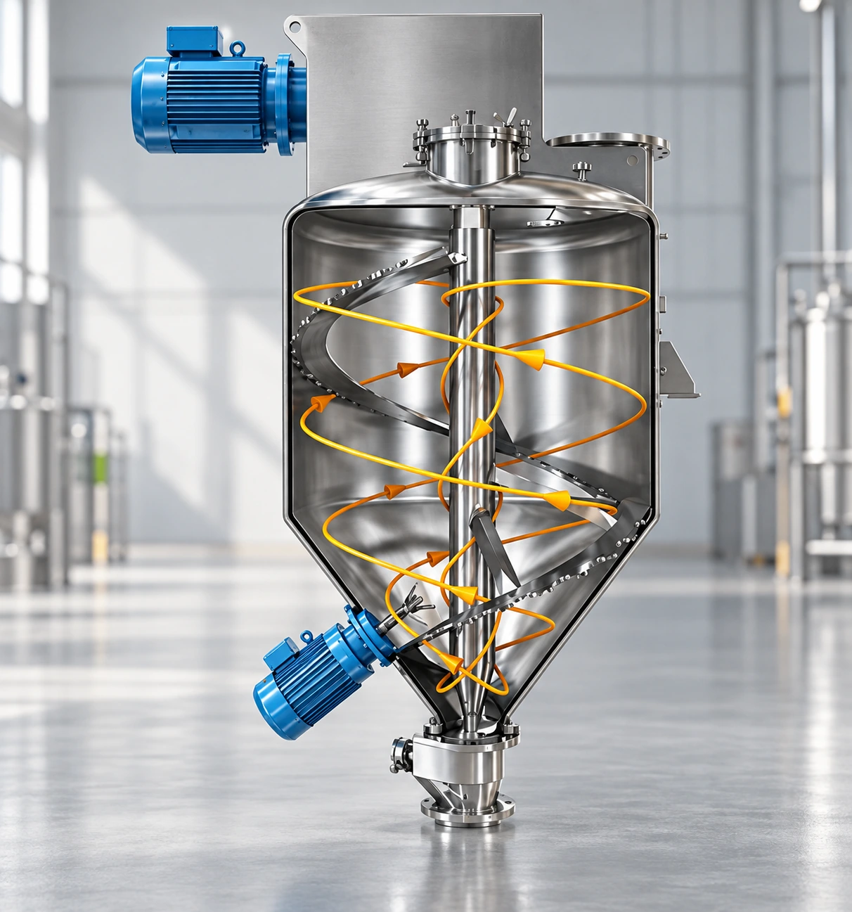 High-Efficiency Vertical Ribbon Mixer with High-Speed Cutters — ribbon cutaway illustration