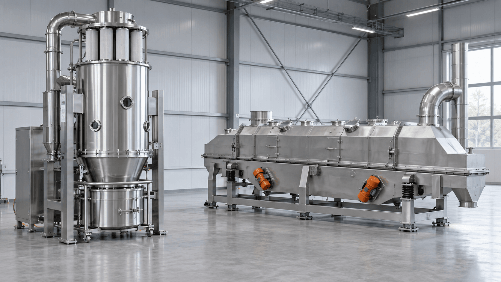 Representative batch fluidized-bed vessel beside a continuous vibrating fluid-bed dryer for process-mode comparison