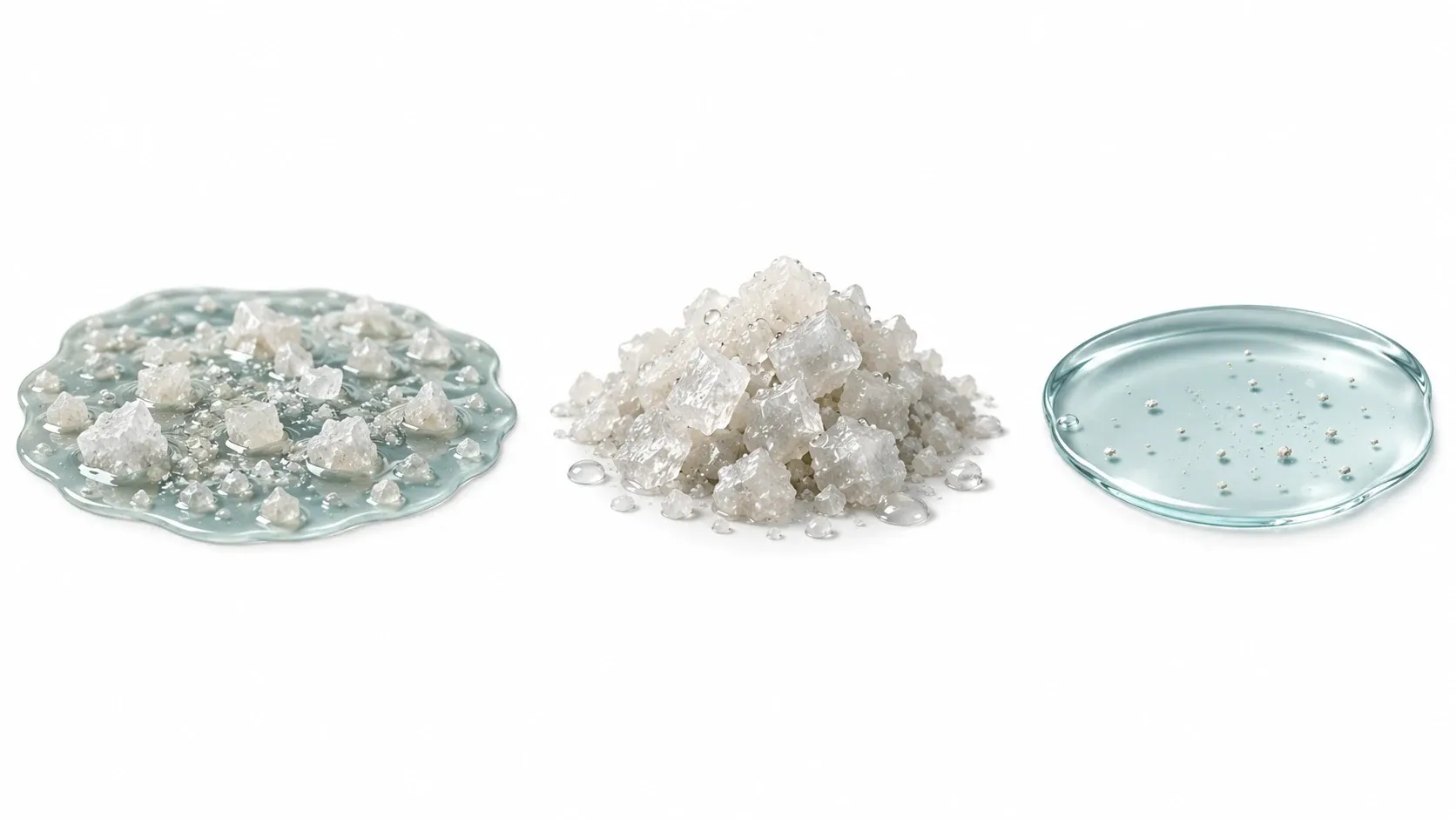 Conceptual feed slurry, damp crystals and collected liquid as three separate sample states