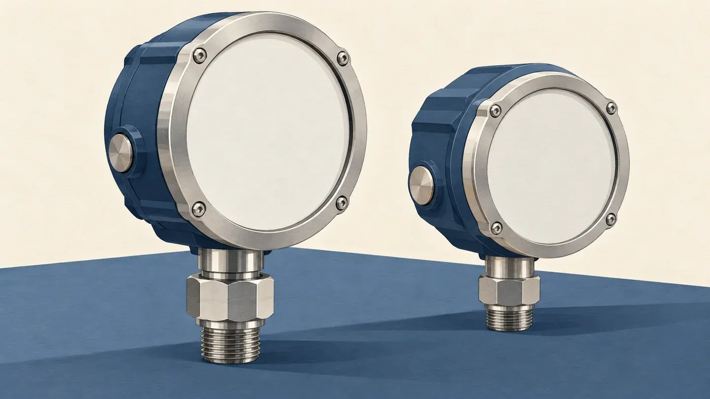 Editorial illustration of two blank pressure-instrument housings; not supplied MOS instruments or measured pressure readings.