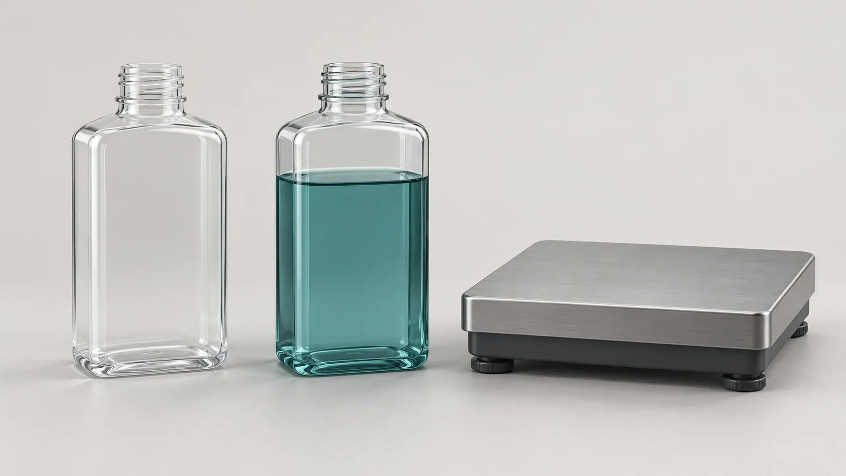 Conceptual empty and filled packaging bottles beside a neutral weighing platform