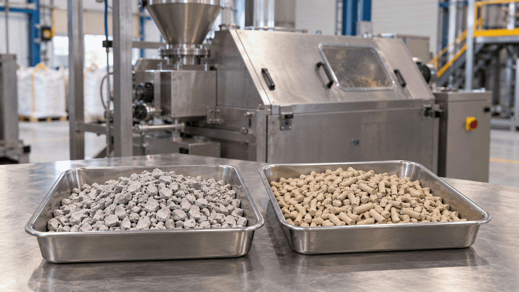 Representative granulation trial samples: irregular compacted granules and cylindrical extrudates beside enclosed industrial equipment