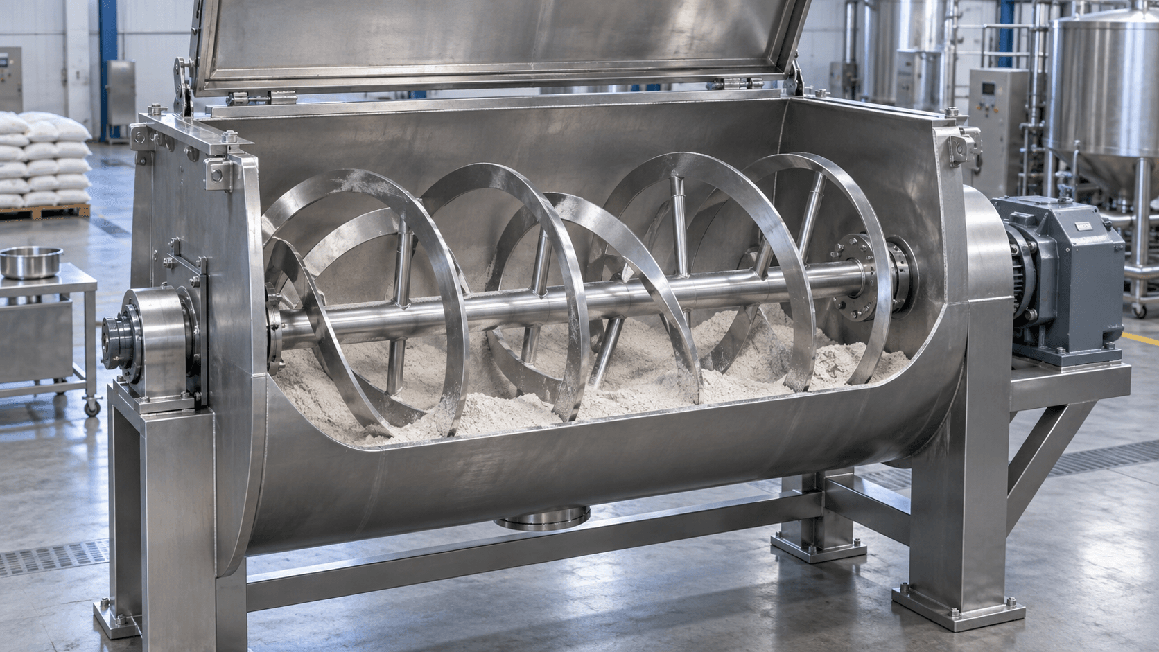Conceptual cutaway illustration of a horizontal ribbon blender and powder mixing structure